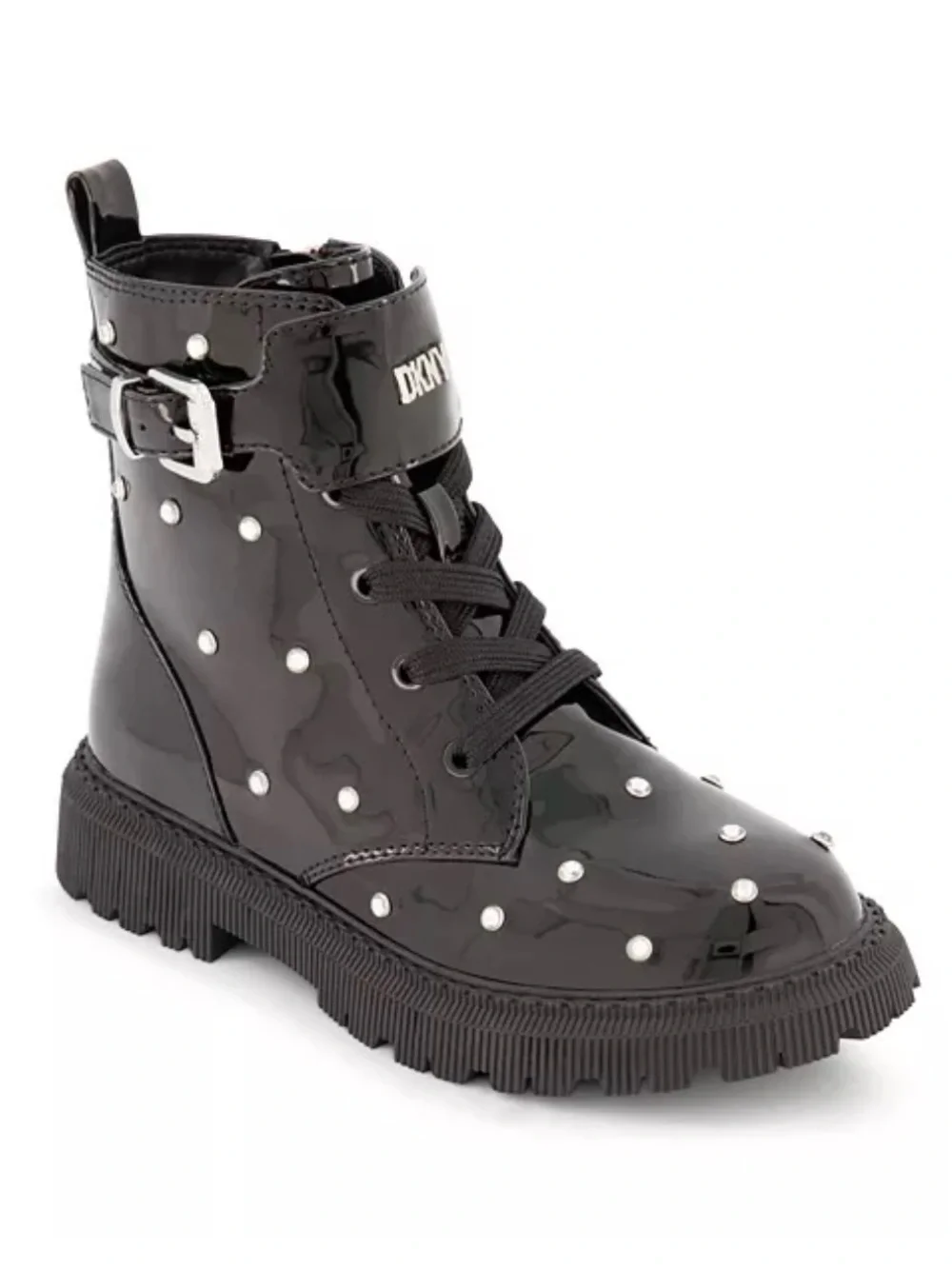 DKNY Girls Ava Dila Moto Black Patent Studded Combat Boots